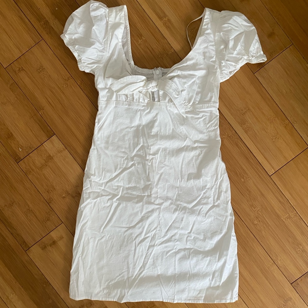 White Puff Sleeve Mini Dress with Tie Front